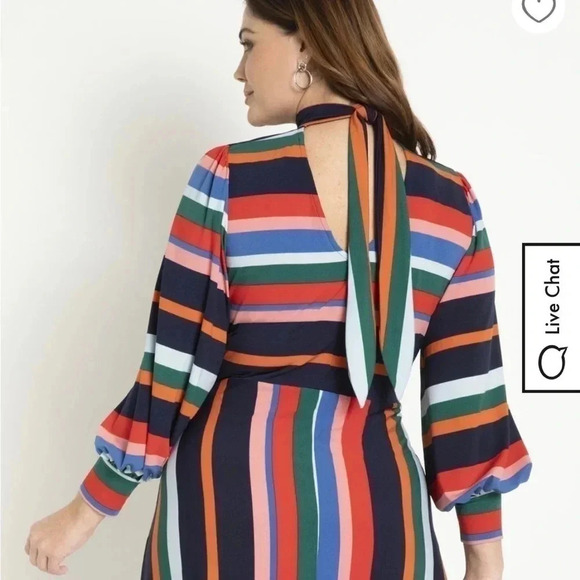 1033. ELOQUII MULTI COLOR STRIPE MIDI DRESS WITH TIE AROUND NECKLINE/KEYHOLE - Picture 3 of 13